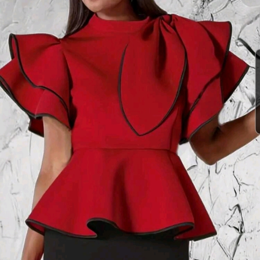 EMAYSPORIUM Elegant Red Ruffled Women's Top-(NWT) - Picture 4 of 4